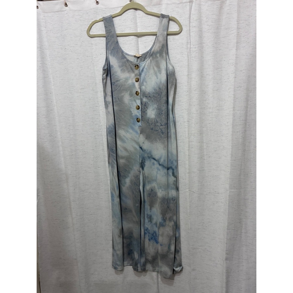 Hem & Thread Blue Gray Tie Dye Wide Leg Sleeveless Button Front Jumpsuit Large